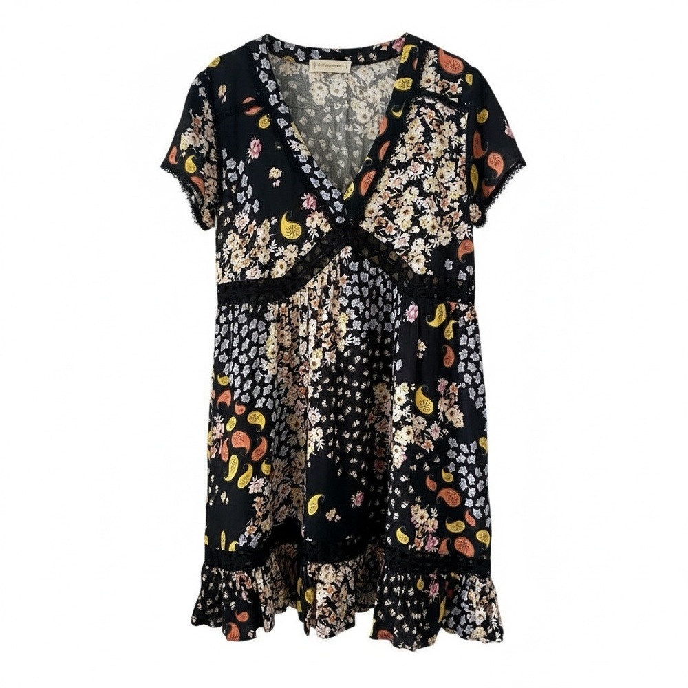 By Together Woman’s Floral Black Print Whimsical Dress V-Neck Size S